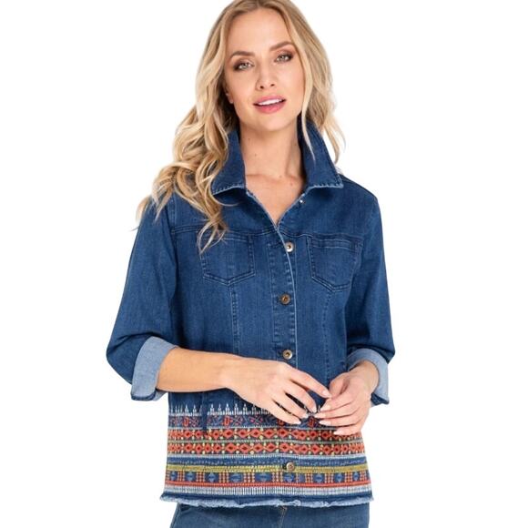 Multiples Blue Multicolor Embroidered Four Pocket Denim Jacket Womens Large - Picture 1 of 6